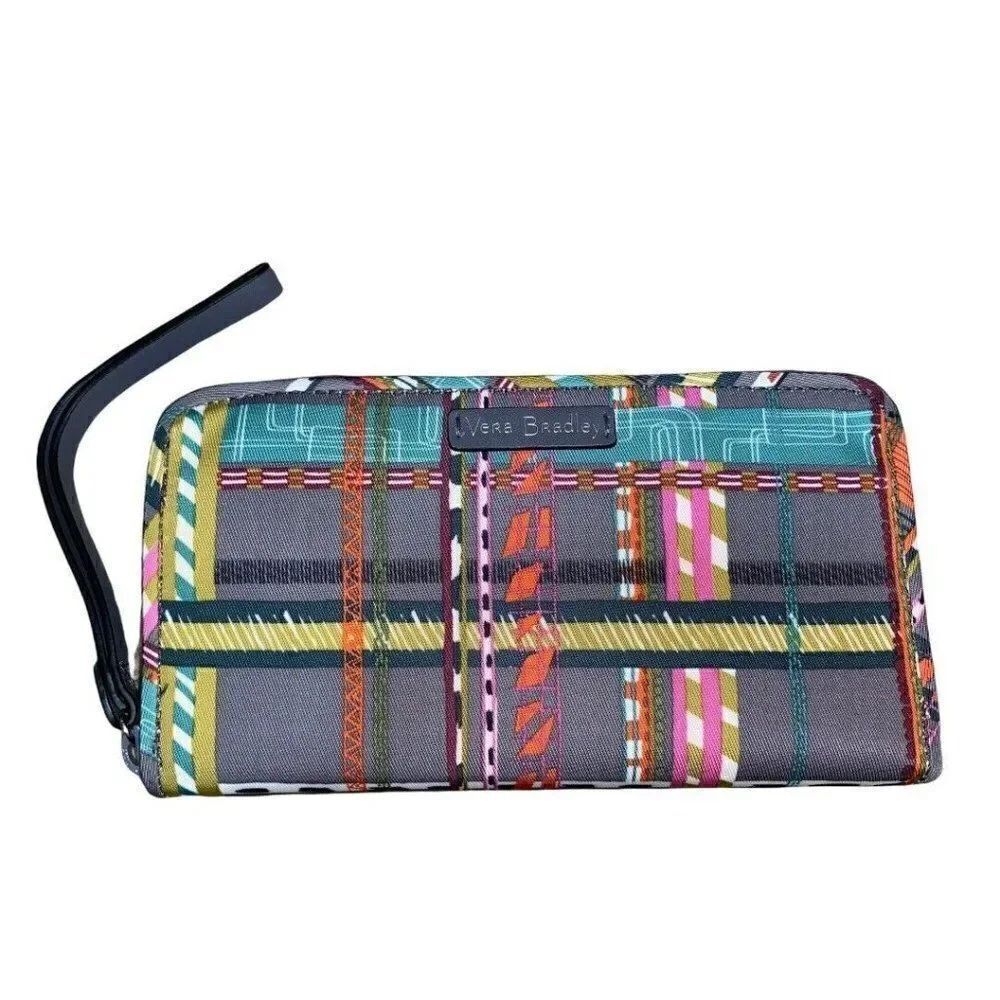 Vera Bradley City Plaid Midtown RFID Wristlet Zip Around Gray Green Orange NWT